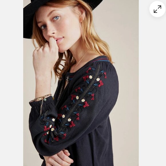 Velvet by Graham & Spencer Black Embroidered Boho Peasant Blouse Women’s XL - Picture 2 of 8